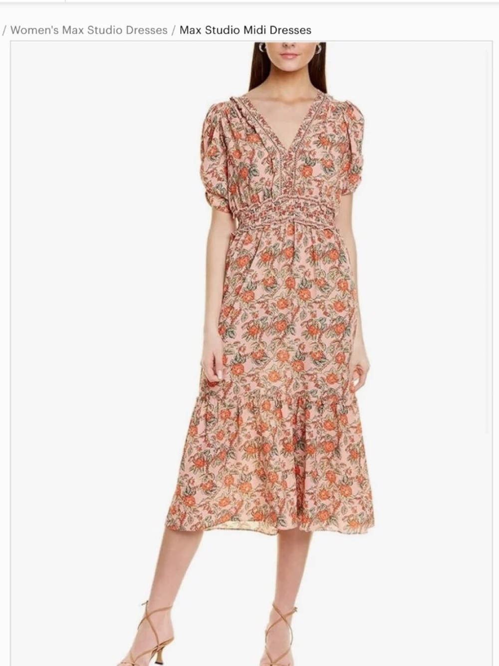 Max Studio Pink Floral Midi Dress with Ruffle Hem Like New Max Studio